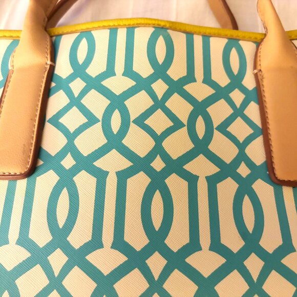 Kate Landry Tote "Like New" Teal/Yellow/White Lattice Design Gold Hardware - Picture 4 of 12